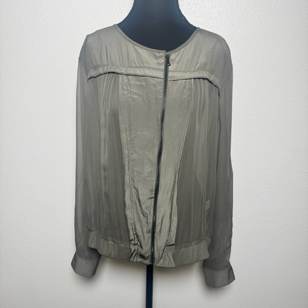 Lola & Sophie Sheer Silk Blend Zip Front Blouse‎ Olive Green Size L